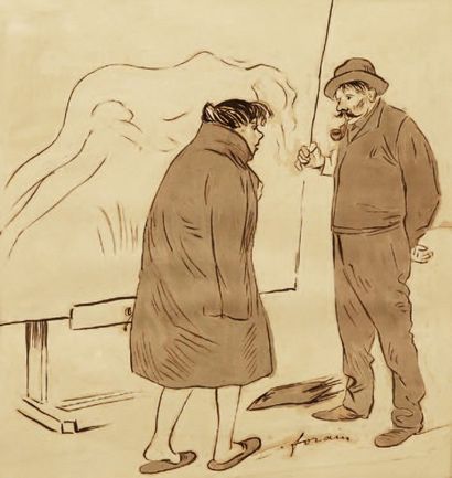 Jean-Louis FORAIN (1852-1931) Froid dans l'atelier Encre, lavis et gouache réhaussée...