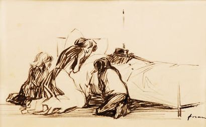 Jean-Louis FORAIN (1852-1931) La prière Encre au pinceau. Signé en bas à droite....