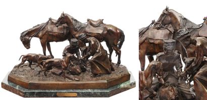 D'après Eugène Alexandre LANCERAY (1848-1886) La chasse à l'ours épreuve en bronze...