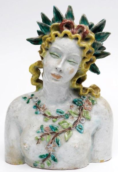 René BUTHAUD (1886-1986) Buste de femme Sujet en terre cuite originale, émaux polychromes...