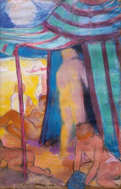 Charles KVAPIL (1884-1957) Scène de plage animée avec tentes Pastel sur papier. Cachet...