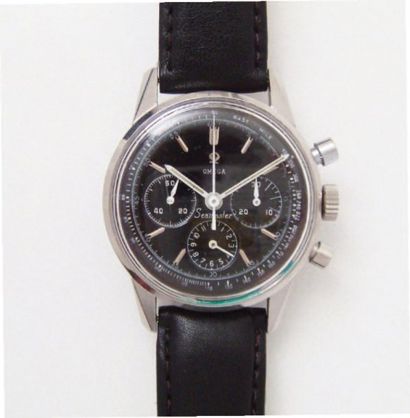 OMEGA "SEAMASTER" Montre chronographe en acier, cadran noir 3 compteurs avec index...