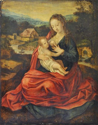 École FLAMANDE vers 1550, suiveur de Barent van ORLEY Vierge à l'enfant dans un paysage...