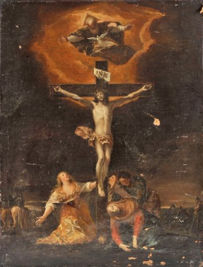 Attribué à Nicolas KNUPFER (Vers 1603 - vers 1660) Le Christ en croix entre la Madeleine...