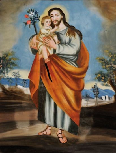 null Saint Joseph portant l'Enfant Jésus Fixé sous verre . Fin XVIIIe siècle 54 x...