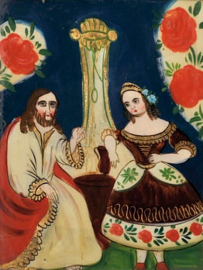 null Jésus et la Samaritaine Fixé sous verre. Alsace, XIXe siècle 36 x 28 cm