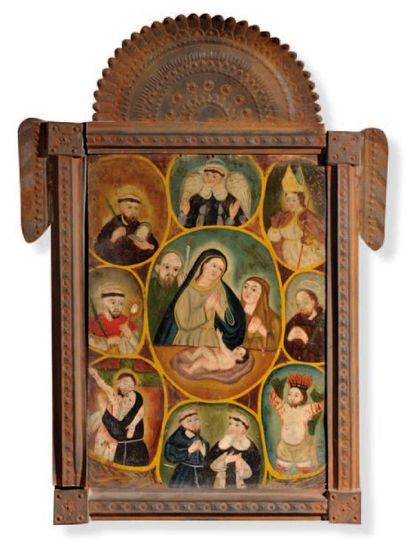 null Nativité, anges et saints Huile sur métal. Mexique, fi n XIXe siècle 53 x 32...