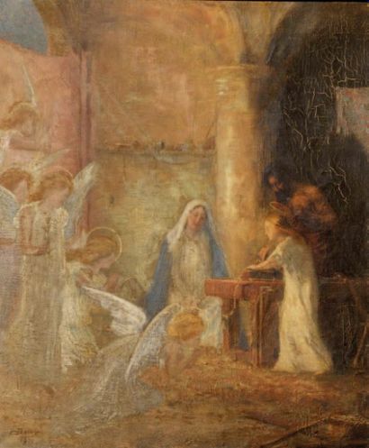 Camille Boiry (1871-1954) Sainte Famille à l'atelier Huile sur toile. Signée et datée...