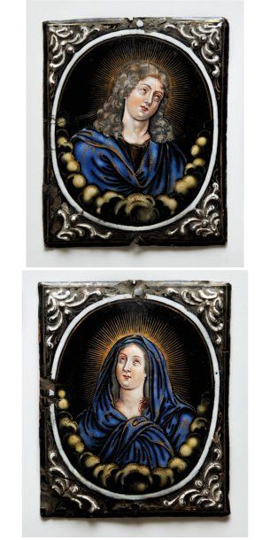 Ateliers LAUDIN La Vierge et Saint Jean. Deux plaques émaillées. Monogrammés. XVIIe...