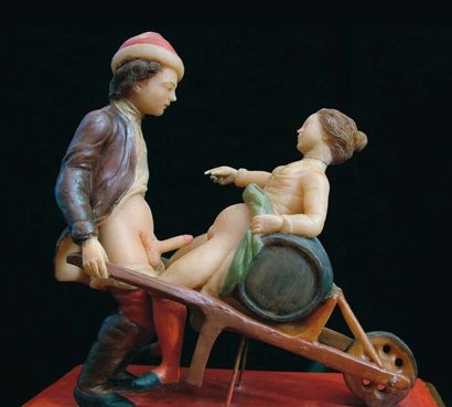 null "La Prommenade" Sculpture en cire: jeune homme en érection, le pantalon baissé,...