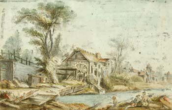 École FRANCAISE de la fin du XVIIIème siècle Promeneurs près d'un moulin à eau Plume...