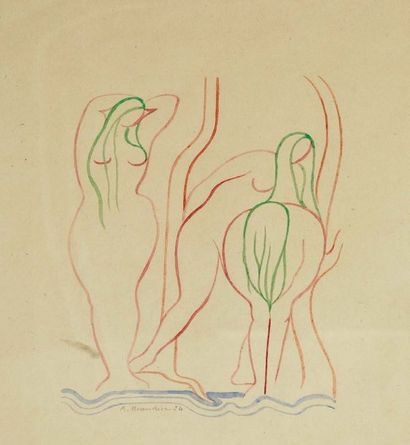 André BEAUDIN (1895-1979) Trois baigneuses Aquarelle. Signé en bas au milieu et daté...