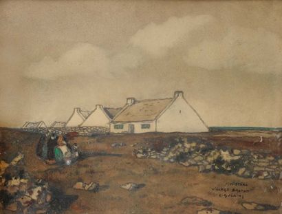 Ernest GUERIN (1887-1952) Village breton du Finistère Crayon et aquarelle. Situé...