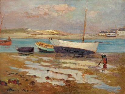 Vitalis MORIN (1867-1936) Navires échoués dans la baie Panneau. Signé en bas à gauche.26,5...