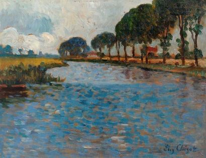 Eugène CHIGOT (1860-1923) Paysage à la pièce d'eau arborée Panneau. Signé en bas...