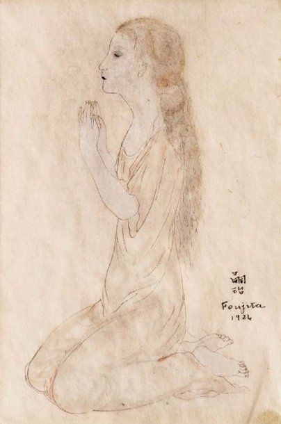 Tsuguharu-Leonard FOUJITA (1886-1968) Femme agenouillée, 1924 Encre et estompe sur...