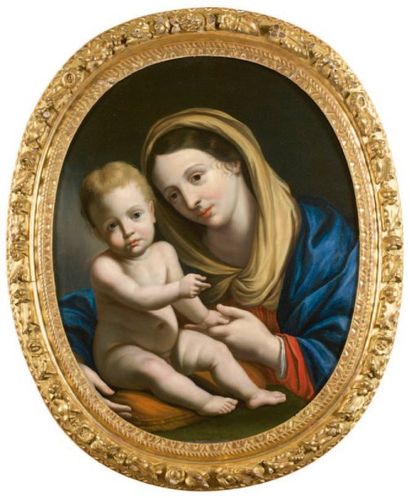 ÉCOLE PROVENÇALE VERS 1670 La Vierge à l'Enfant Sur sa toile d'origine, ovale. Inscription...