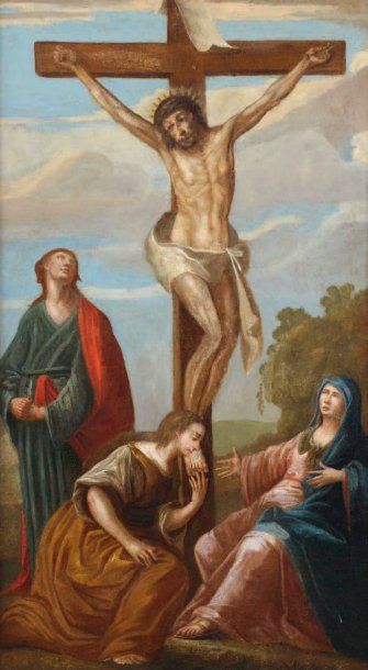 ÉCOLE FRANÇAISE DU XVIIIE SIÈCLE Le Christ en croix Toile marouflée sur panneau....