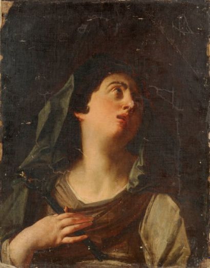 ATTRIBUÉ À FONTEBASSO (1707-1769) Sainte Apolline Toile marouflée sur carton. (Accidents...