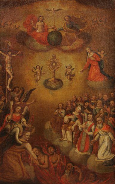 École espagnole du XVIIIe siècle Le triomphe de l'eucharistie Toile. (Restaurations)....