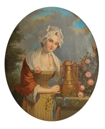 École française du XIXe siècle Jeune fille à la crucheToile ovale.65 x 55 cm GK