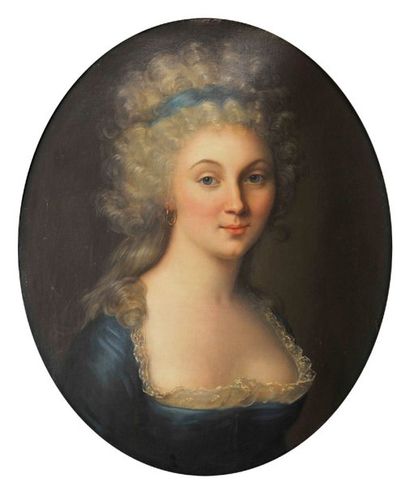 École anglaise vers 1830. Portrait de femme à l'habit bleu Toile ovale octogonale....