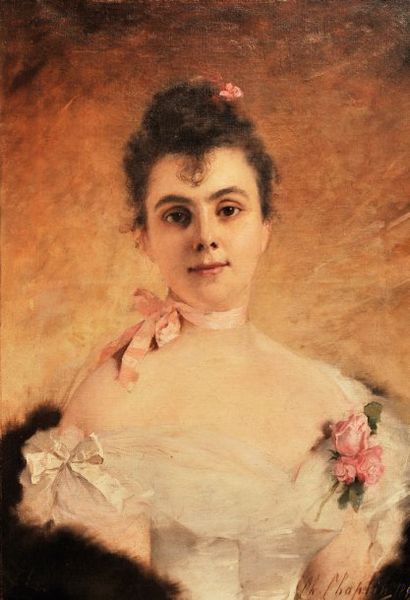 Charles CHAPLIN (182-1891) Jeune femme à la rose, 1889 Huile sur toile. Signé et...