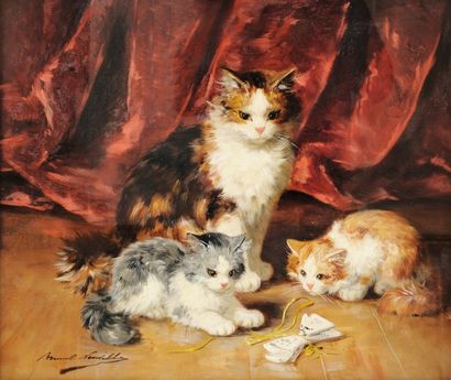Alfred Arthur BRUNEL DE NEUVILLE (182-1944) Chatte et deux chatons jouant avec un...