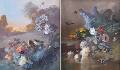 Louis Léon Eugène BILLOTEY (Fin du XIXème siècle) Gerbes de fleurs aux oiseaux et...