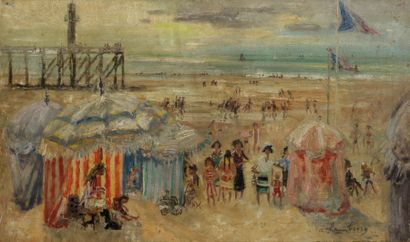 André HAMBOURG (1909-1999) La plage de Trouville, circa 1950Huile sur toile signée...