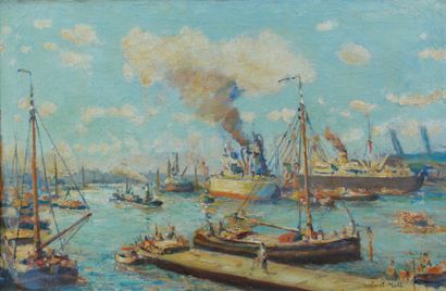 Evert MOLL (Voorburg 1878 - ?19) Vue d'un port avec voiliers et paquebot Sur sa toile...