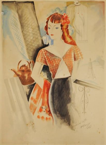 PREURY Jeune fille au balcon,1935 Aquarelle sur papierSignée et datée en bas à droiteDédicacée...