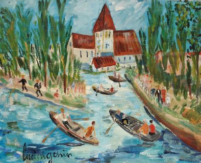 Lucien GENIN (1894-1954) Canotage sur la marne Huile sur panneau, signée en bas à...