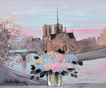 Michel HENRY (Né en 1928) La Seine et Notre-Dame Huile sur toile Signée en bas à...