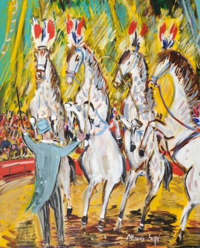 Maurice EMPI (Né en 1932) Cirque - 4 chevaux cabrés Huile sur toile Signée en bas...