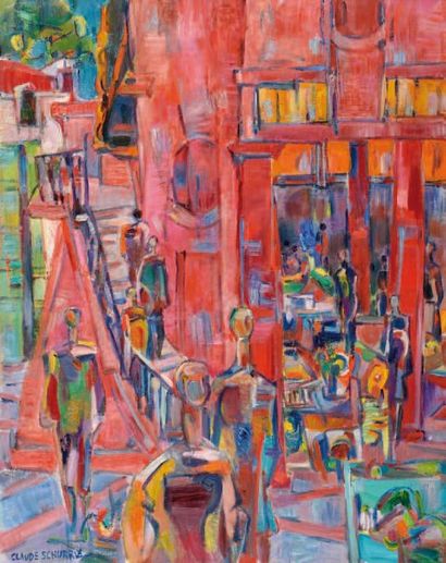 Claude SCHURR (Né en 1921) L'escalier du marché Fortville, Cannes Huile sur toile...