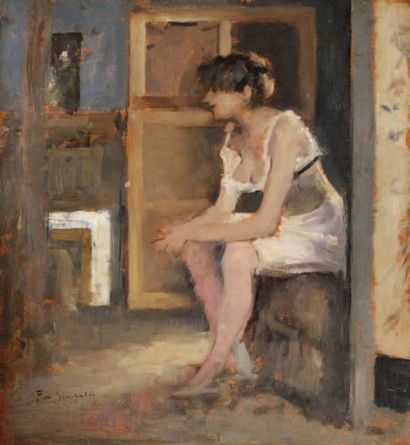 Jean-Paul SINIBALDI (1857-1909) Jeune fille assise Huile sur panneau, signée en bas...