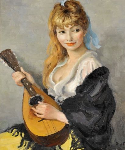 Marcel DYF (1899-1985) Jeune femme à la mandoline Huile sur toile, signée en bas...