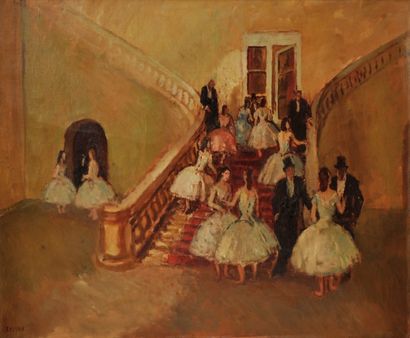 Marcel COSSON (1878-1956) Danseuse descendant un escalier Huile sur toile, signée...