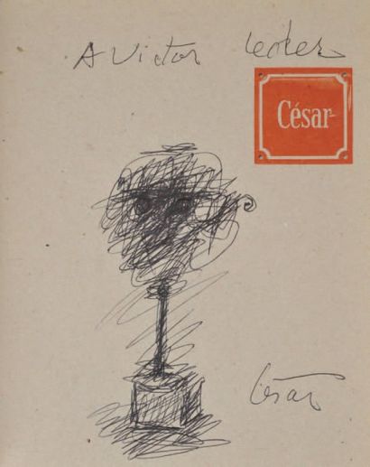 CÉSAR (1921-1998) Portrait Dessin au stylo bille en première page de l'ouvrage Rétrospective...