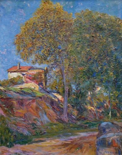 Joseph RAVAISOU (1865-1925) Paysage aux grands arbres, circa 1920 Huile sur toile,...