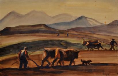 Jules ZINGG (1882-1942) Labour Aquarelle signée en bas à droite 31 x 47 cm (à vu...