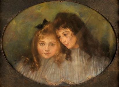 Amélie SAUGER (XIXe / XXe) Portrait de deux fillettes Pastel ovale sur toile signé...