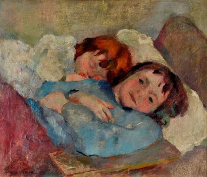 Henri OTTMANN (1877-1927) Deux enfants endormis. Peinture sur toile, signée en bas...
