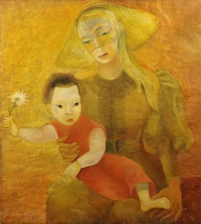 Karin VAN LEYDEN (1906-1977) Femme à l'enfant Huile sur toile, signée en bas à droite...