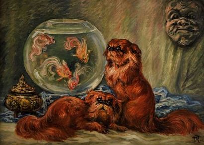 René THURIN (1874/1951) Chiens pékinois et poissons japonais Peinture sur panneau,...