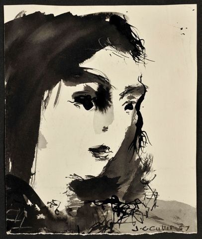 J.C. CUTTER 1967 Portrait aux cheveux longs. Lavis d'encre noire, signé et daté en...