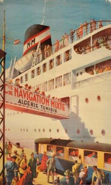 Algérie- Tunisie Affiche entoilée de Compagnie de navigation mixte 97 x 66 cm
