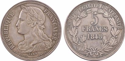null IIe République, essai de 5 francs par Montagny, 1848 Paris

A/RÉPUBLIQUE - FRANÇAISE

Tête...