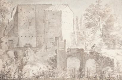 null Attribué à Adriaen Frans BOUDEWYNS

(1644 – 1711)

Paysage à la maison fortifiée...